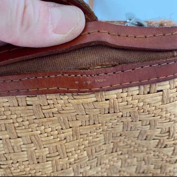 Vintage 80s Woven Straw Leather Trimmed Shoulderbag Brown Tan Double Straps - Picture 15 of 15